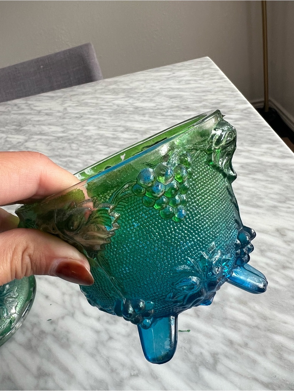 Vintage Flash Glass Blue-Green Decorative Trinket Jar with Lid - Picture 6 of 6
